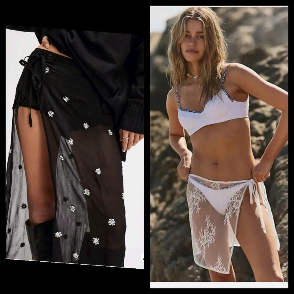 2 NWT Free People Sarong Black Embellished White Lace